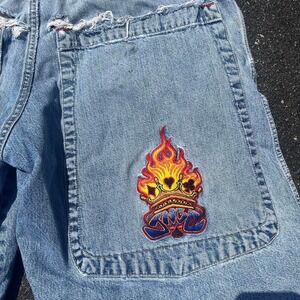 1990s JNCO Flaming Spade Wide Leg Blue Baggy Skater Jean Shorts size 34"